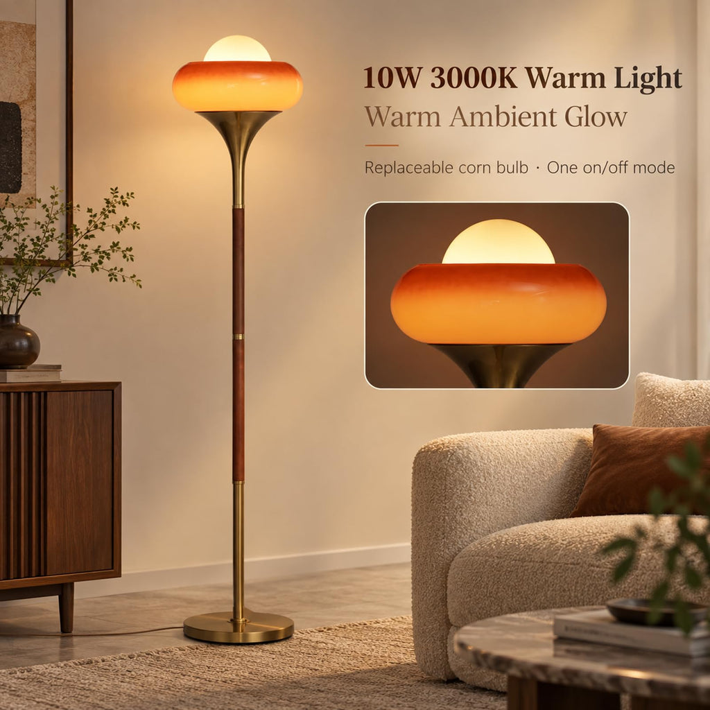 Mid Century Modern Orange Floor Lamp, Gradient Amber Glass Shade