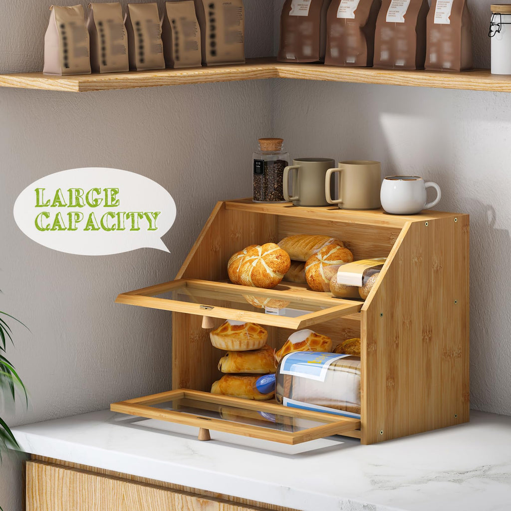Bread Box - Farmhouse Countertop Double Layer Bamboo Wooden Extra Large Capacity B Food Storage Container(Natural)