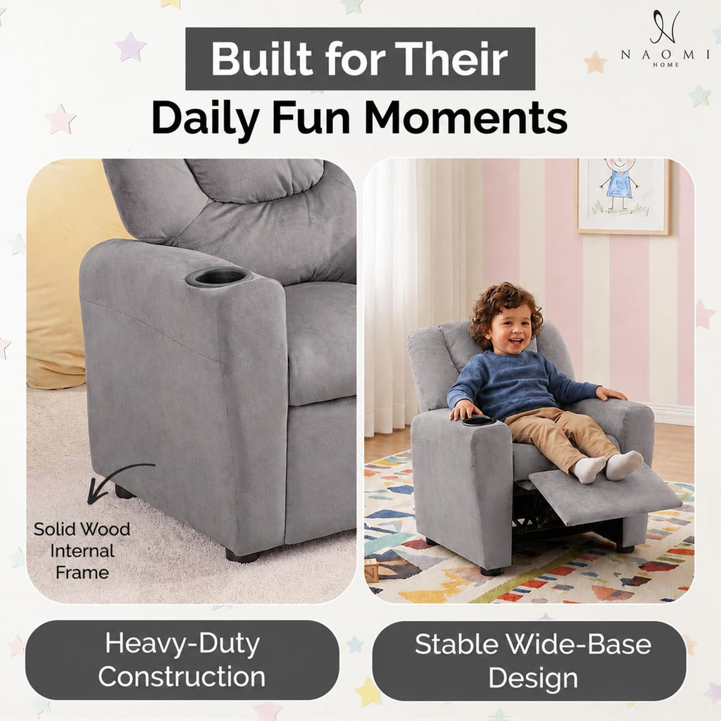 Suri Kids Recliner Chair for Toddlers Ages 3-5, Gray Microfiber