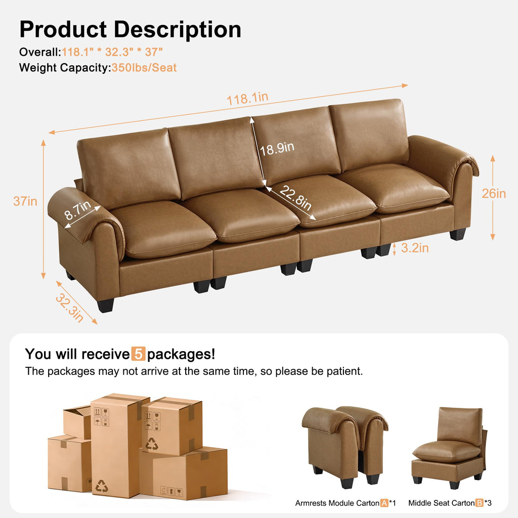 118" Faux Leather Modular Sectional Upholstered, Oversized 4 Seater Couch with Curved Armrests, Cloud Modern