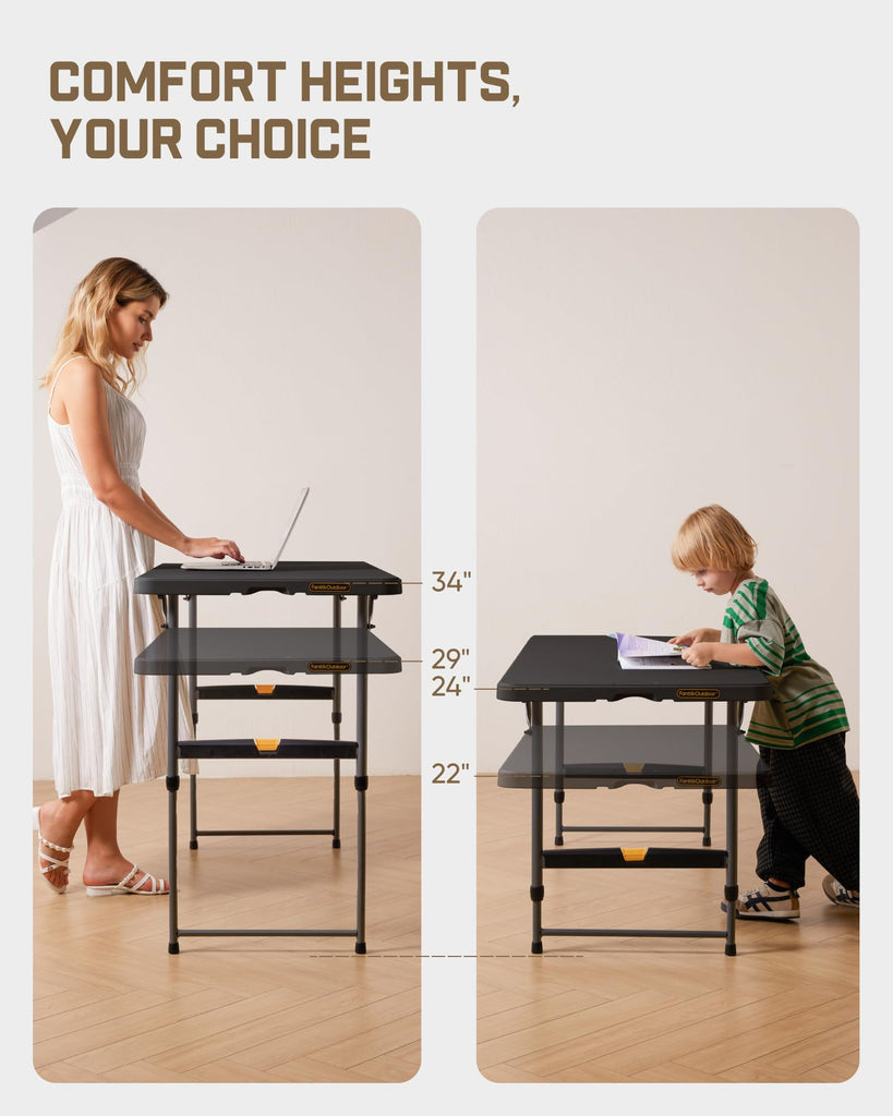 Folding Table 4 Foot Quick Adjust Portable Plastic 4 Heights