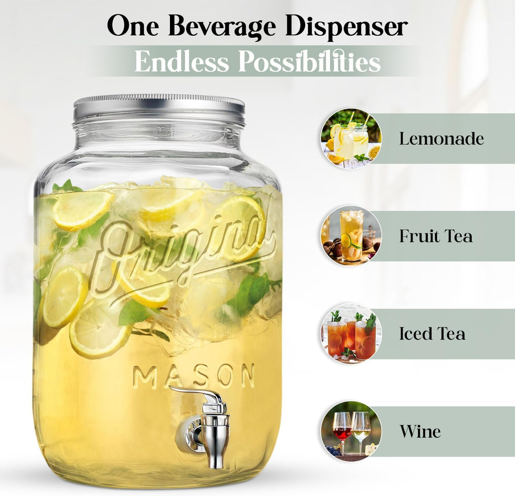 GALLON Drink Dispensers for Parties, Drink Dispensers for Parties, Original Mason Beverage Dispensers - Set of 2