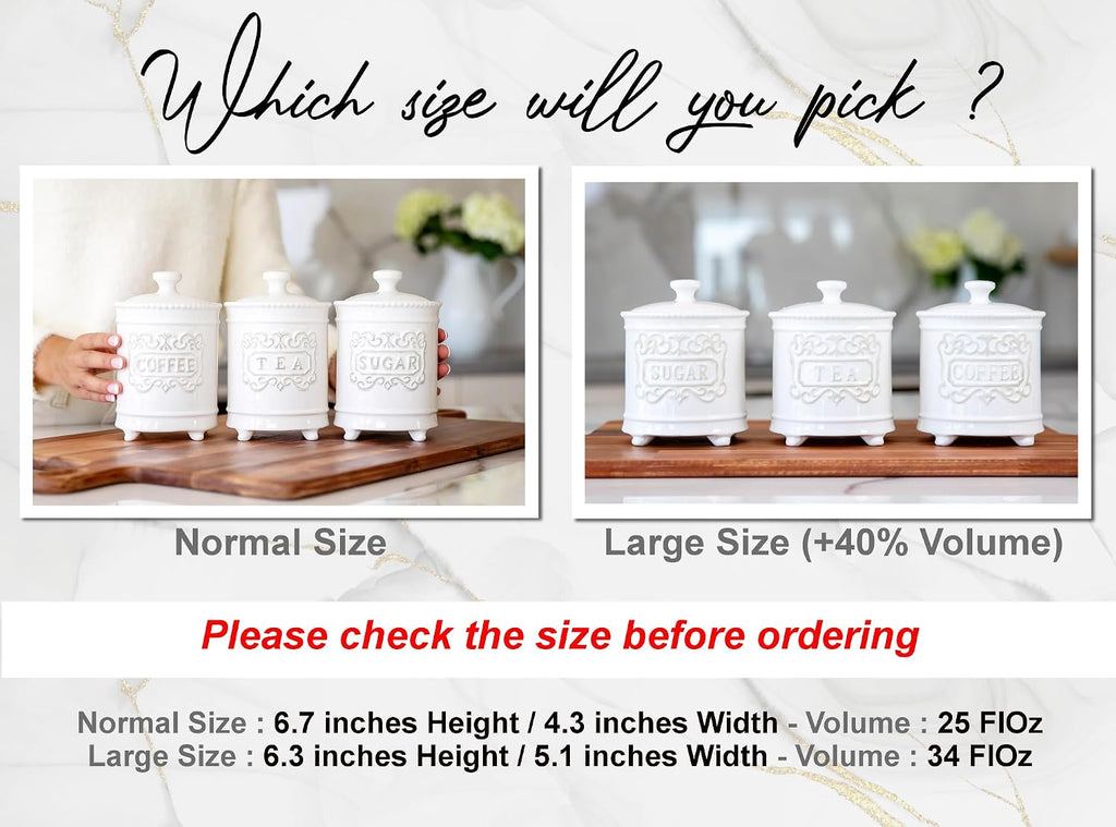 3-Piece Ceramic Canister Set, 35 Oz Each, 6.5-Inch, Airtight Lids - Set of 3