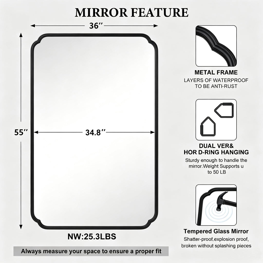 Matte Black Bathroom Mirror 55×36 Inch, Large Rounded Rectangle Metal Framed Wall Mount Vanity Mirror, Farmhouse