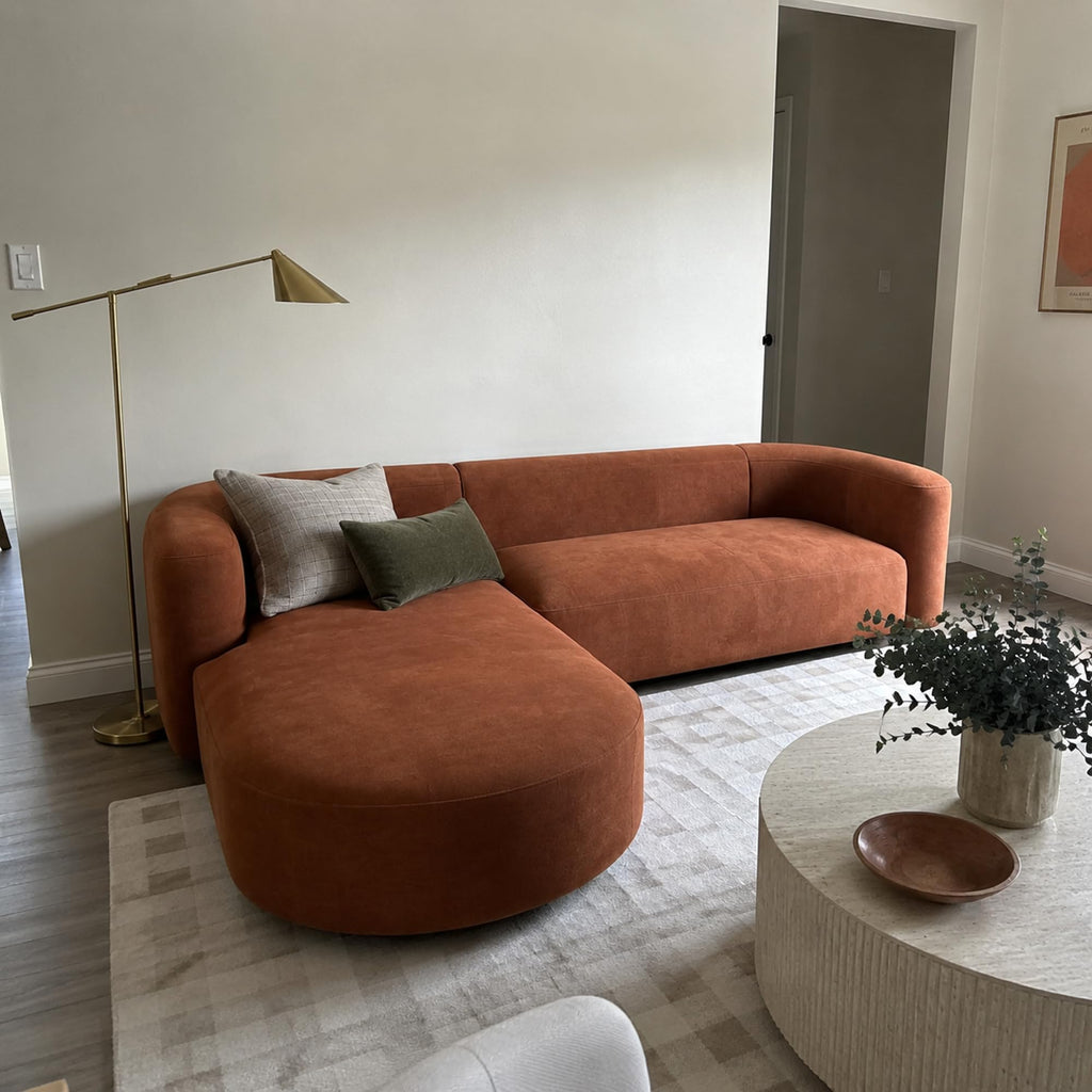 Mellow Modern Tight Curved Back Velvet Sofa, Left Chaise, Tangerine