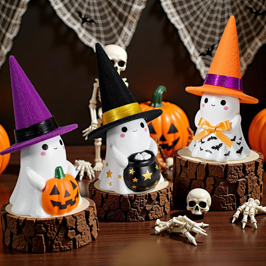 Halloween Decorations Indoor, Cute Spooky Ceramic Ghost Halloween Decorations,Ghost Figurines with Hats - Set of 3