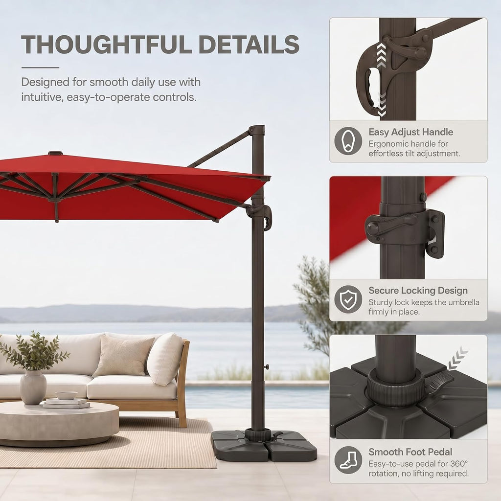 Cantilever Patio Umbrella, Large Square Outdoor Offset Umbrella with Aluminum Pole, 360-degree Rotation Pool