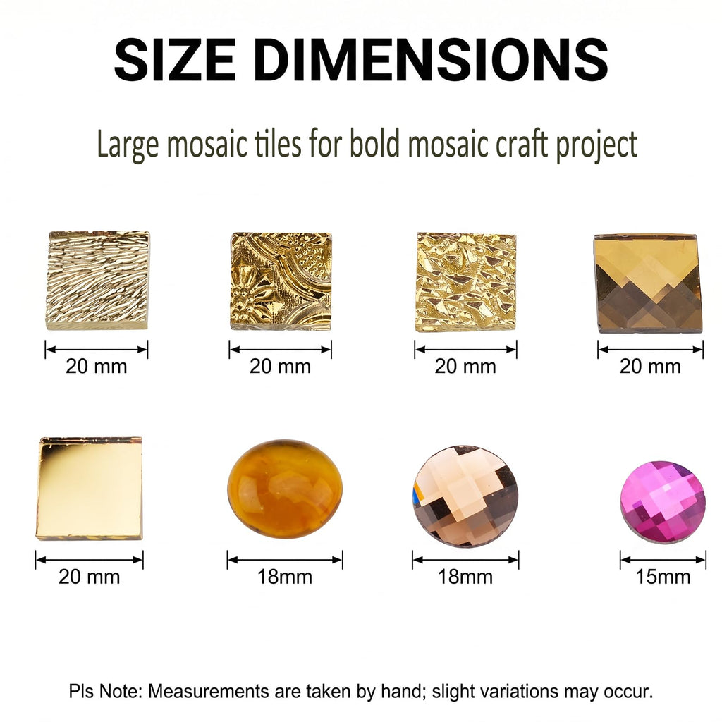 1000g 20MM Golden Mirror Glass Tiles for DIY Mosaic, Assorted Textured Square Tiles and Faceted Glass Gems in