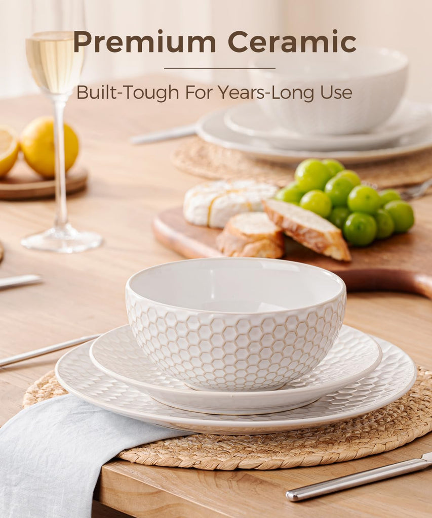 Embossed Ceramic Dinnerware Set for 4, 12-Piece White Plates and Bowls Set, Modern Farmhouse Tableware with 10" & 8"