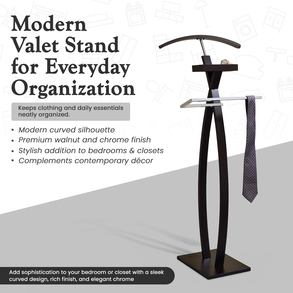 Curved Suit Rack Valet Stand, Clothes Rack, Clothing Organizer, Jacket Hanger, Chrome/Walnut