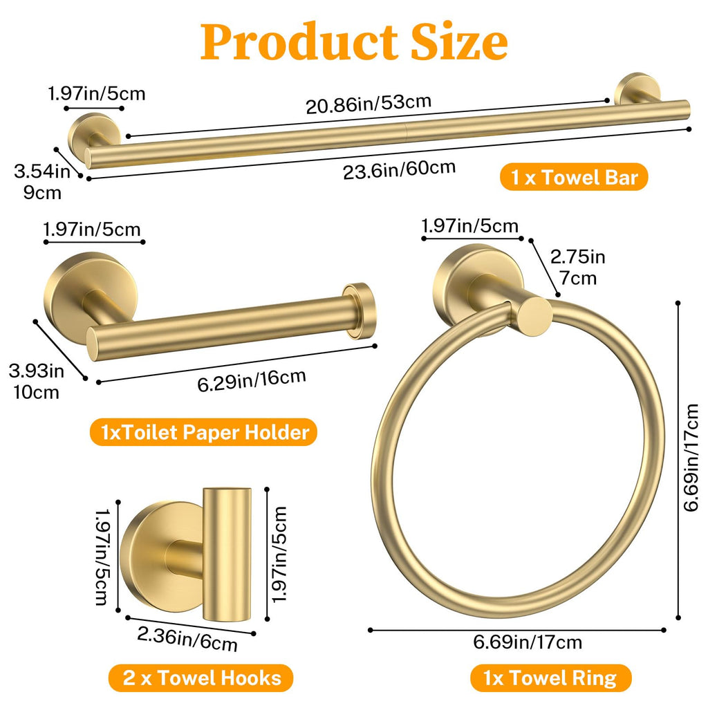 Brushed Gold Bathroom Hardware Set 6-Pieces Towel Bar Set Stainless Steel Bathroom Accessory Set 23.6 Inch Wall