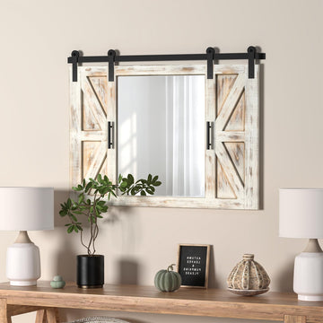 Farmhouse Barn Door Mirror - 37" x 26" Wall Mirror Rustic White