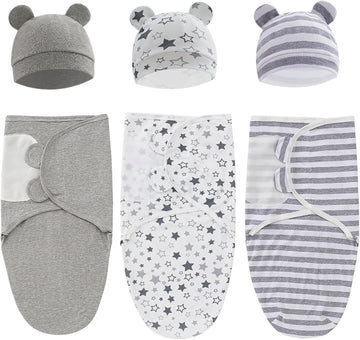Pack Unisex Baby Swaddles for Newborns with Hat(Grey/Star/Stripe)