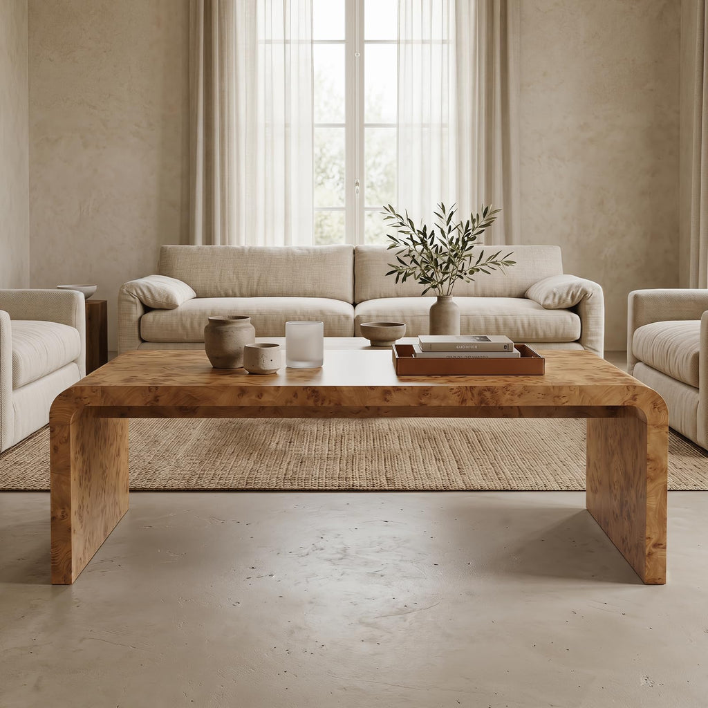 47" Burl Wood Look Coffee Table, Thick Waterfall Edge Wood