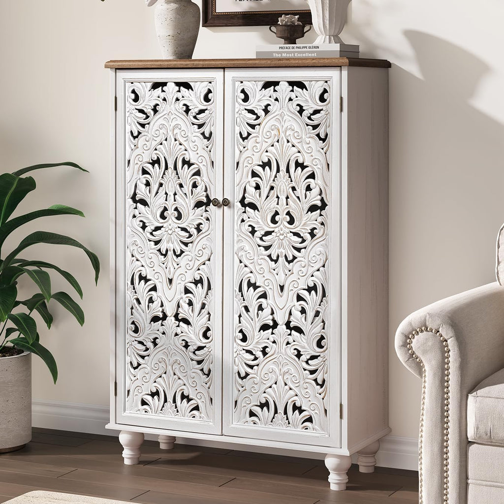 47" Tall Accent Cabinet with Carved Doors & Storage | Vertical Storage, Carved Floral Design, Mandala White Buffet