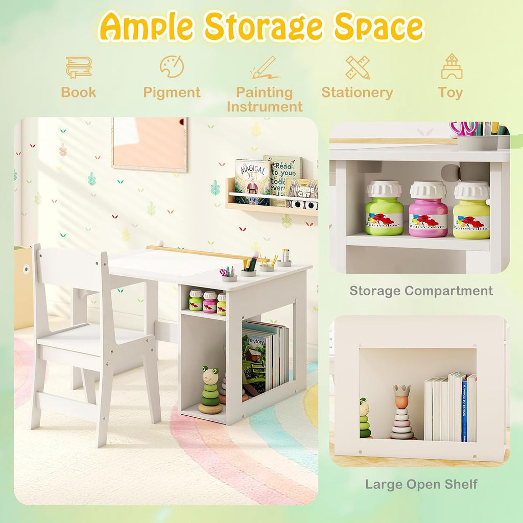 White Kids Table and Chair Set, Wooden Arts and Crafts Activity Table w/Paper Roller, 4 Paint Cups & Storage Shelves