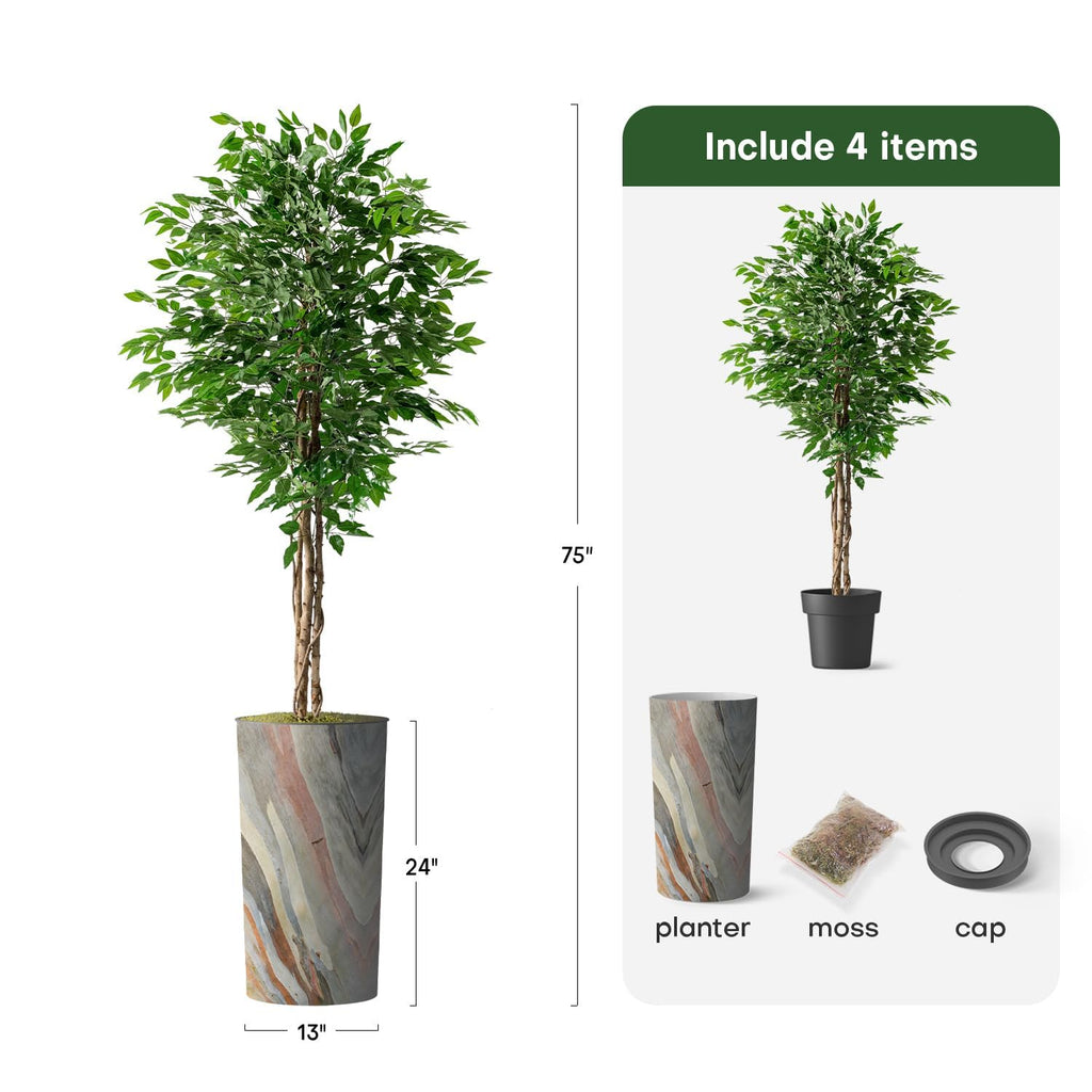 Artificial Tree in Contemporary Planter, Fake Ficus Silk Tree for Indoor and Outdoor Home Decoration - 75" Overall