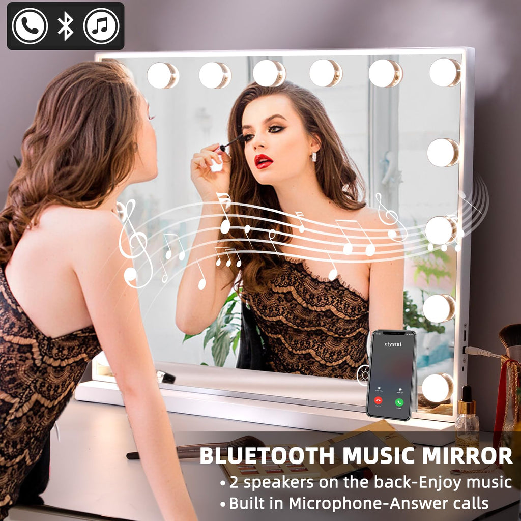 Vanity Mirror with Lights and Bluetooth Speaker 22.8''x18.4'' Lighted Makeup Mirror with 15 LED Bulbs Hollywood