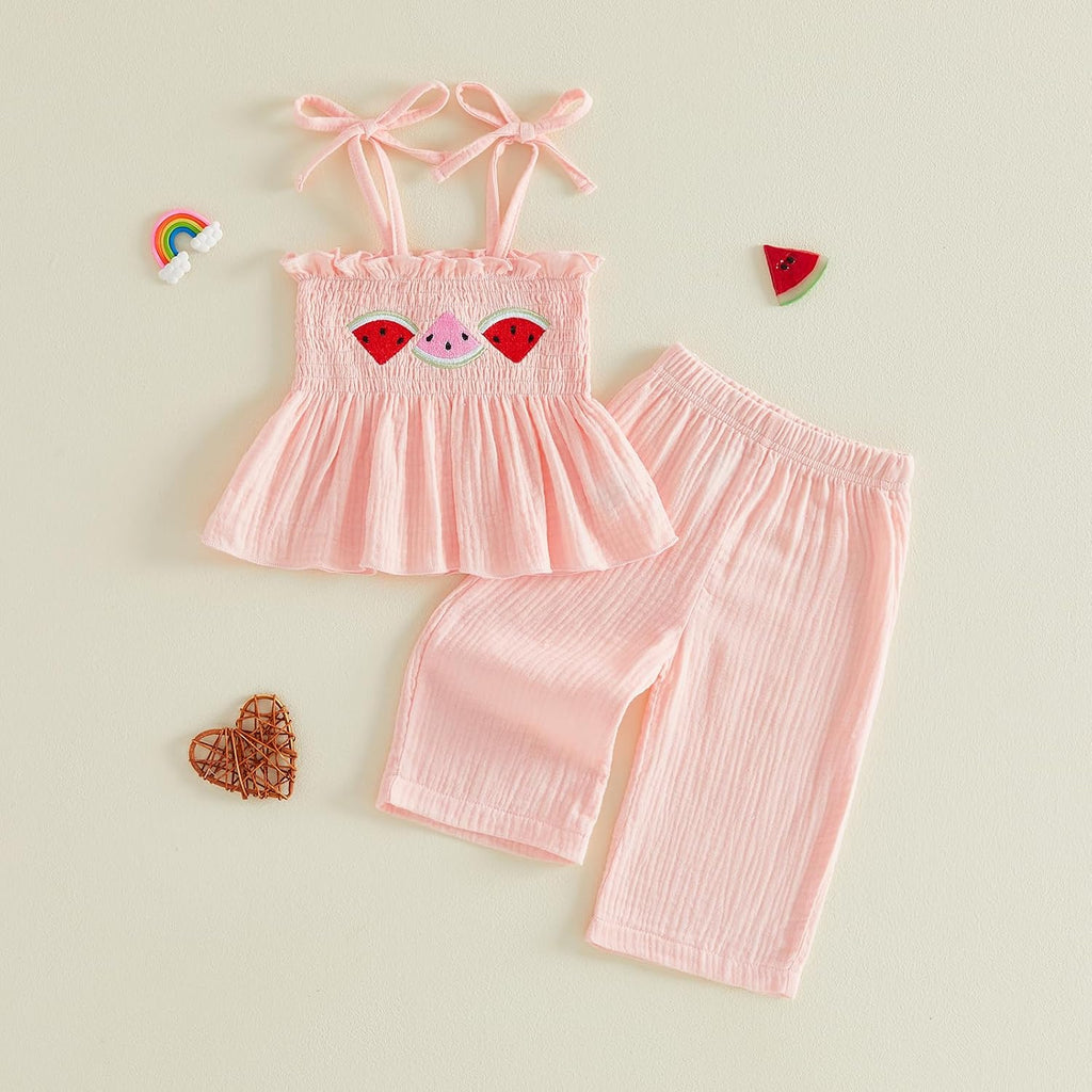 Toddler Girl Summer Outfits Strawberry/Watermelon/Avocado Smocked Tank Tops Linen Pants Cute Muslin 2 Piece Set