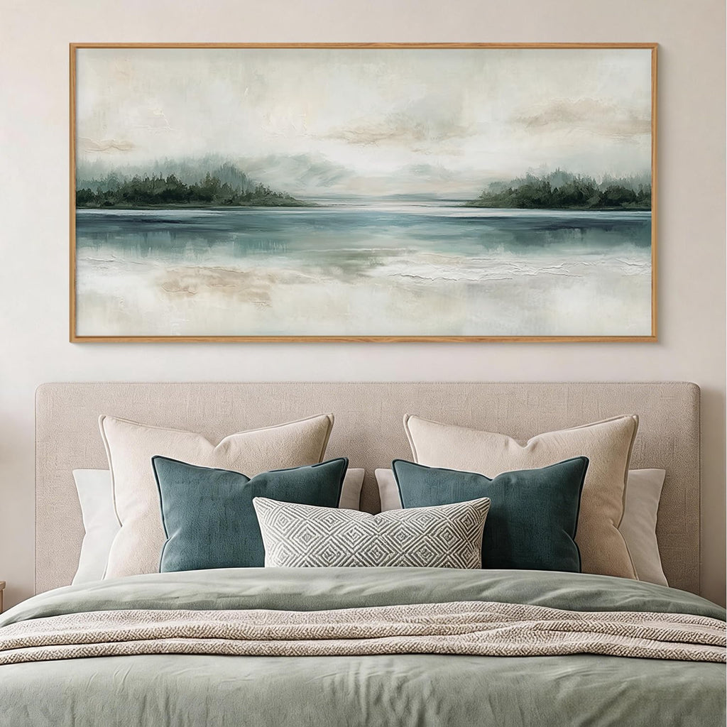 Abstract Sage Green Beige Landscape Framed Canvas Wall Art Set, Watercolor Pastel Mirror Lake Mountain Wall Decor