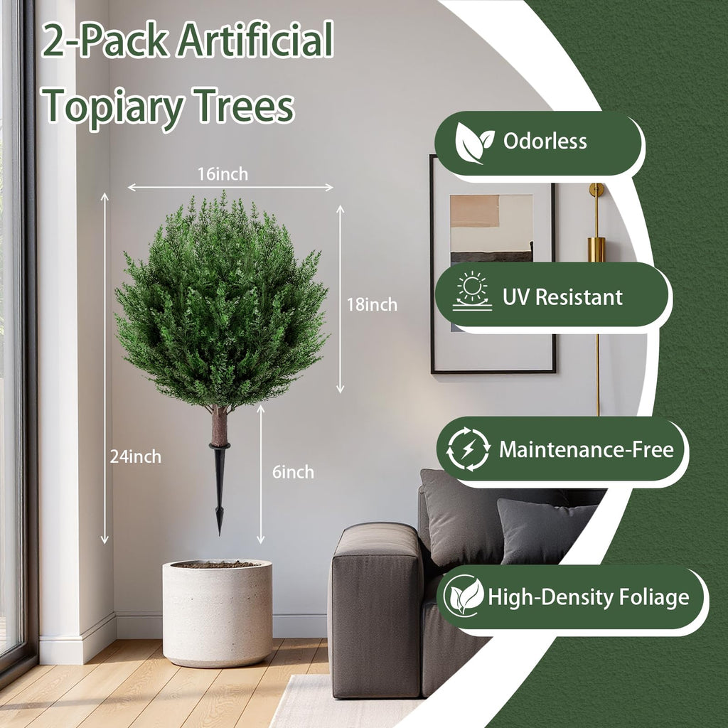 2 Pack 2FT Artificial Cedar Topiary Trees with Ground Spike, Fake Pine Shrubs Bushes, UV Resistant Faux Evergreen