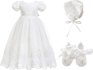 Baby-Girls Satin Christening Baptism Floral Embroidered Dress Gown Outfit