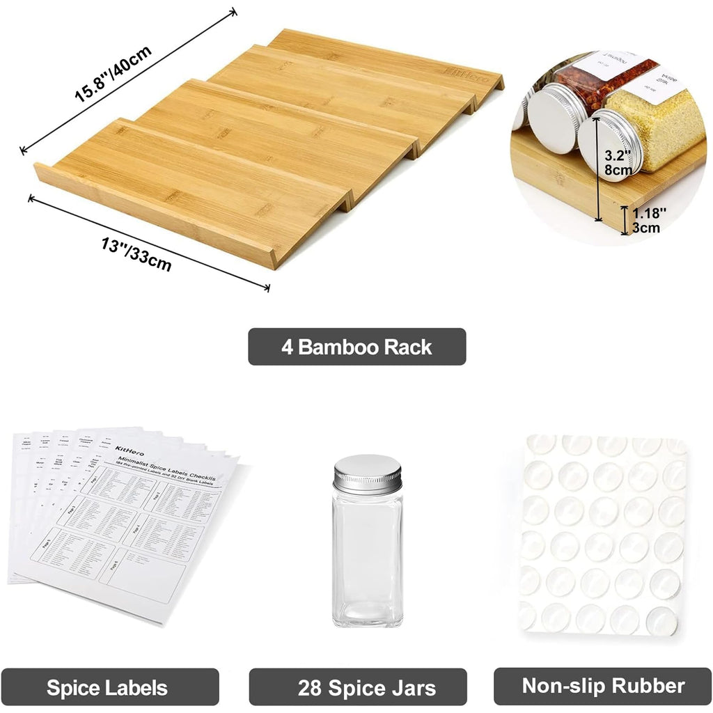 Spice Drawer Organizer with 28 Spice Jars and 216 Labels,Non-slip Rubber, Bamboo 4 Tier Spice Racks Tray Seasoning
