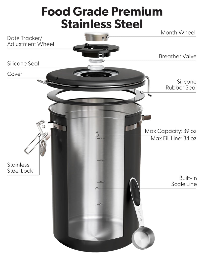 Coffee Canister with Window, 39OZ Large Airtight Stainless Steel Jars