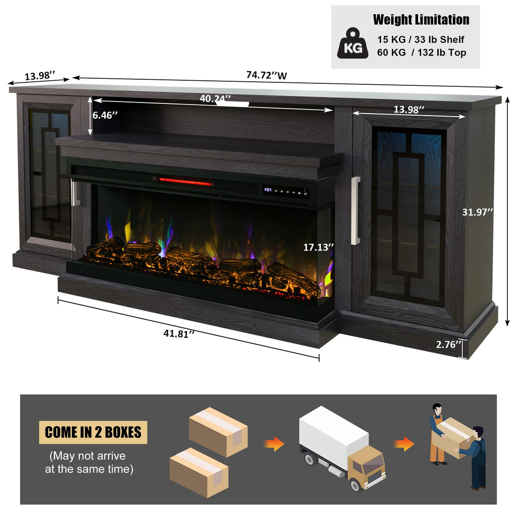 75 Inch Electric Fireplace TV Stand, 3- Side Glass LED Modern Media Entertainment Center Console Table for TVs up to