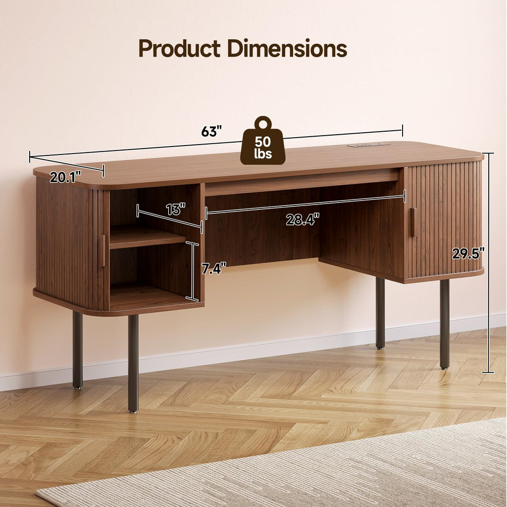 63 Inch Fluted Computer Desk with Outlets, Home Office Desk, Walnut
