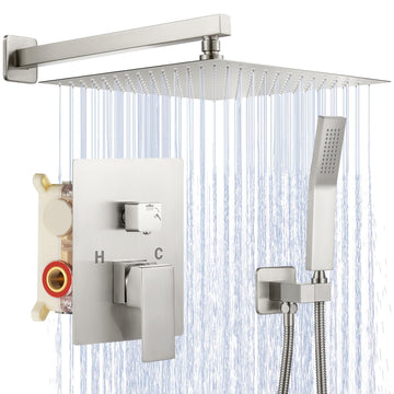 12 Inch Brushed Nickel Shower System, Wall Mounted High Pressure Rain Shower Head with Handheld Sprayer, Bathroom