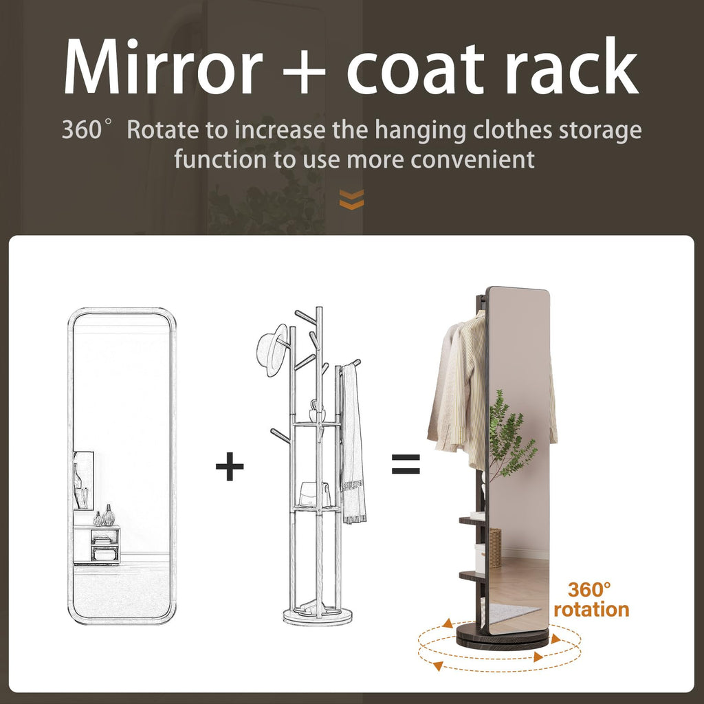 Full Length Mirror Coat Rack Solid Wood Floor Mirror 66"x12" Full Length Mirror with Stand Long Mirrors (Black, 66"