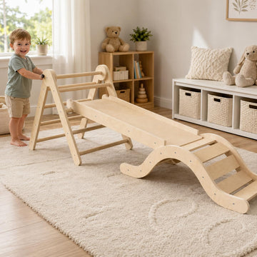 Wooden Toddler Climbing Set Indoor, in-1 Foldable Climber Playset with Triangle Ladder, Arch, Ramp and Slide, Birch