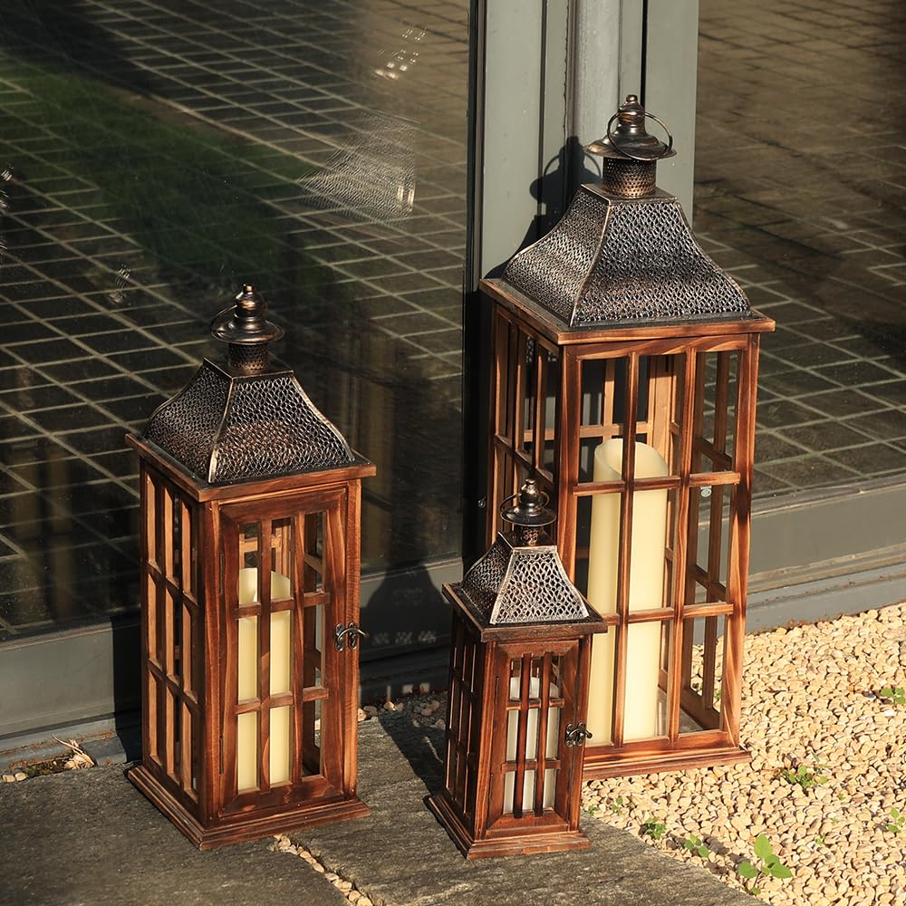 Large Farmhouse Wooden Metal Lantern Set of 3, 27''/22''/15'' H Rustic Decorative Indoor & Outdoor Hanging Candle