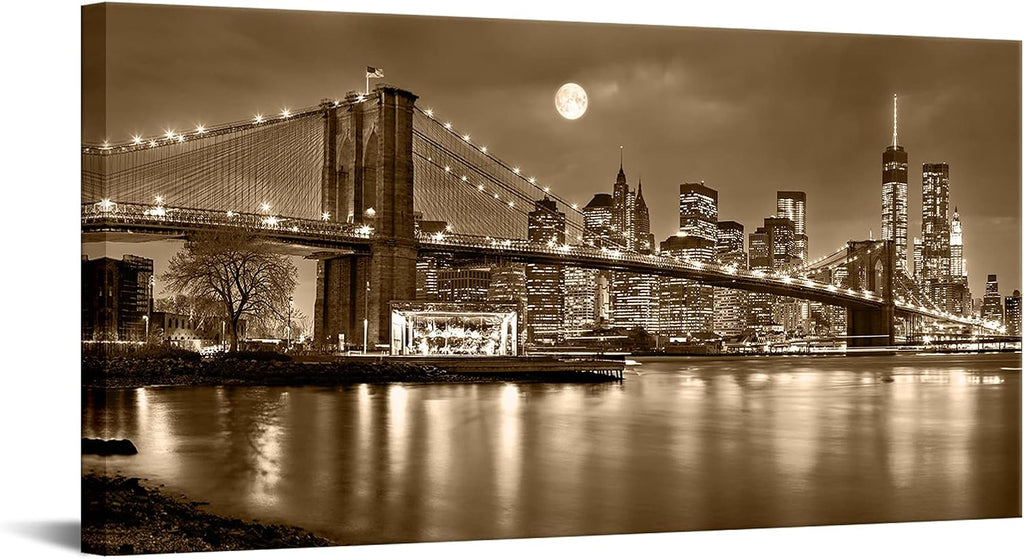 Brooklyn Bridge Canvas Wall Art Sepia New York City Picture Home Decor Manhattan Skyline Artwork Prints Stretched
