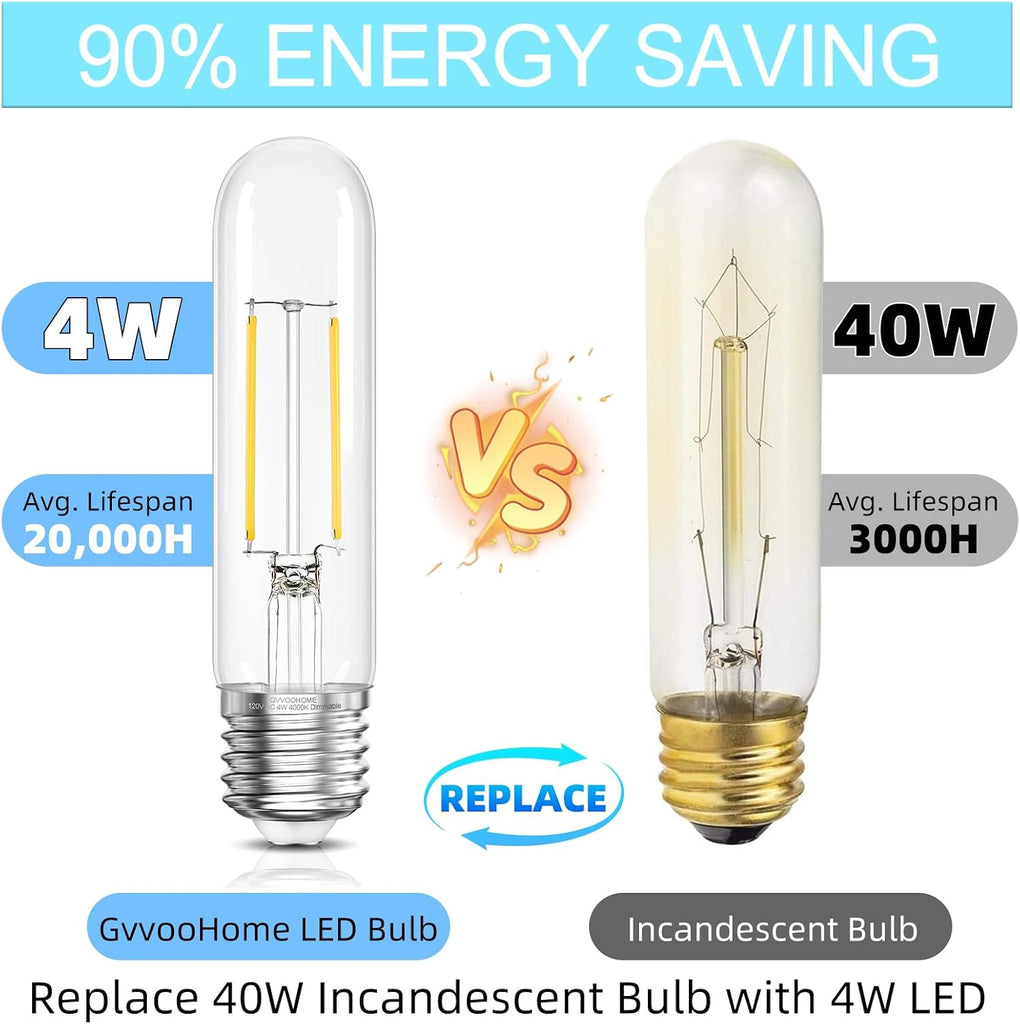 Tubular LED Edison Bulb 4000K Neutral White Dimmable, E26 LED Light Bulbs