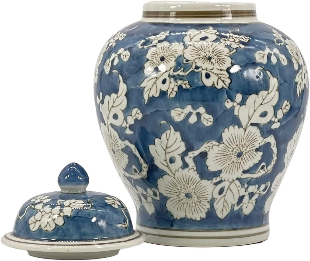 Blue and White Flower Chinoiserie Ginger Jar 12" w/Lid Ginger Jar, Tea Storage Decorative Home Decor Jar