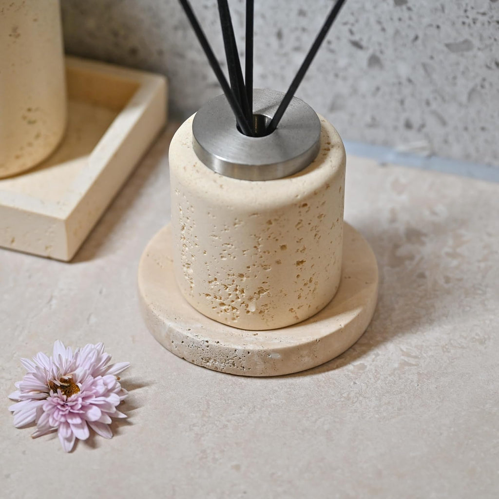Small Travertine Jewelry Dish 4", Natural Beige Stone Trinket Tray for Rings Earrings Necklaces, Round Travertine