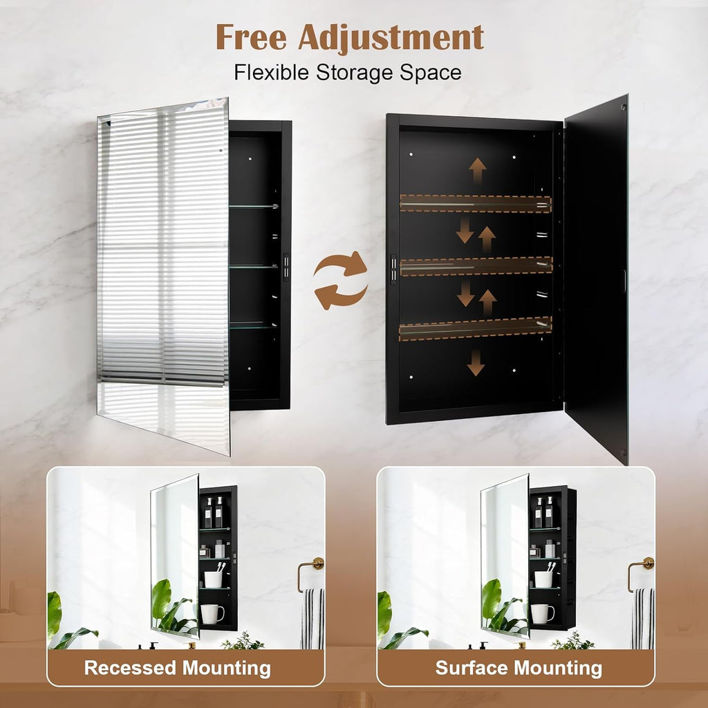 16x26'' Bathroom Medicine Cabinet Mirror with Storage, Surface Mount or Recessed Medicine Cabinet with 4-Tiered