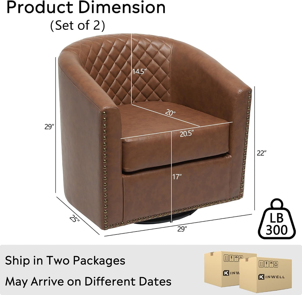 29" W Faux Leather Tufted PU Swivel Barrel Chairs, Brown - Set of 2