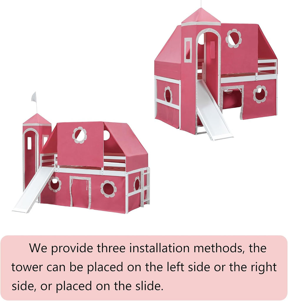 Castle Loft Bed with Slide & Tent and Tower, Playhouse Design Spacious Under Bed Space with Curtains, Wood Tent Bed