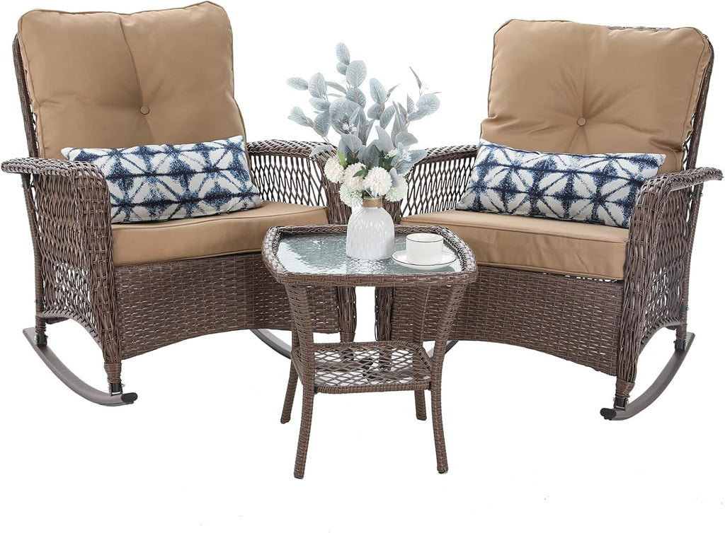Patio Furniture Set 3 Pieces, Wicker Outdoor Rocking Bistro Set, Khaki | Outdoor Rocker Chairs with 4" Thick Cushions