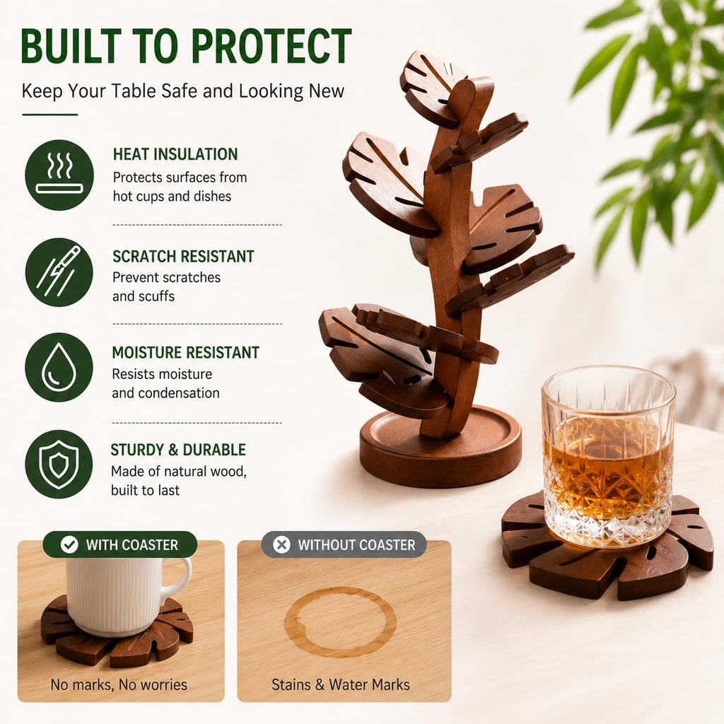 Tree Shape Wooden Trivet Set with Stand, Heat Resistant Coasters - Set of 7