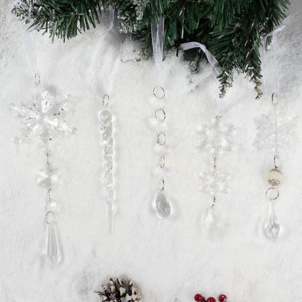 Crystal Christmas Tree Ornaments, Clear Acrylic Snowflake & Icicle - Set of 18