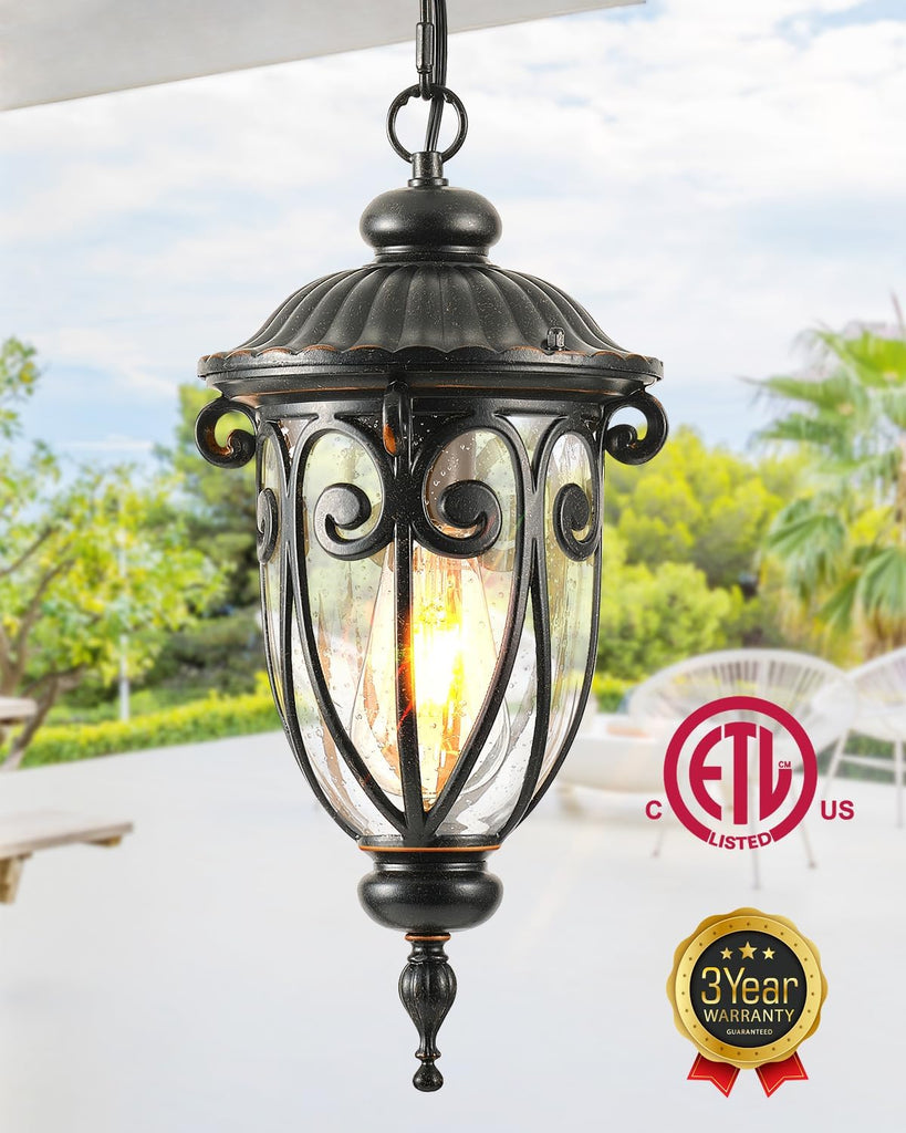 Outdoor Pendant Light Lantern, Farmhouse Outdoor Chandelier, Vintage Outdoor Hanging Lights with Seed Glass