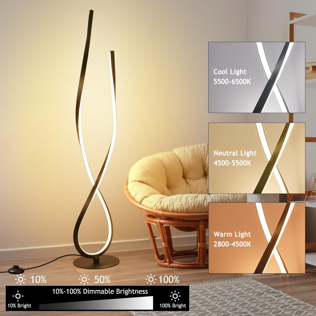 59" Black Spiral LED Floor Lamp, Modern Standing Lamp with Remote
