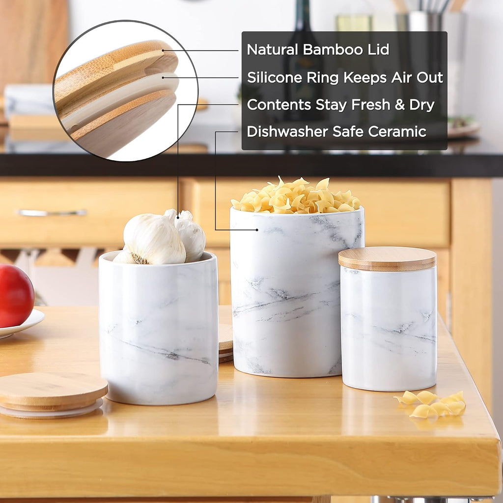 Kitchen Ceramic Canister Set, 4.5c / 3c / 1.25c, White Marble Pattern - Set of 3