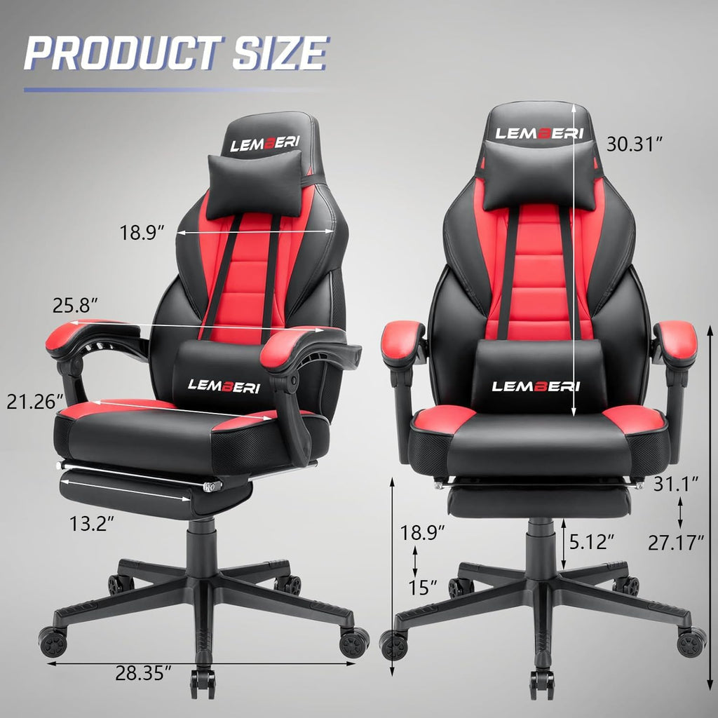 Big and Tall Gaming Chair, 400lb Capacity, Red | Heavy-duty steel frame, wide seat & high back, PU leather