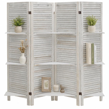 4 Panel Room Divider with Shelves, 67" H Fold Screen, Vintage White