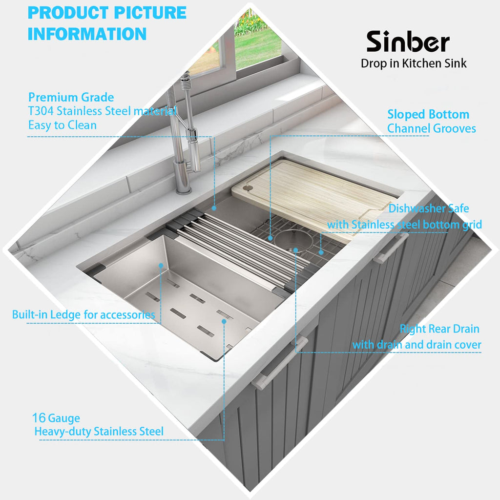 32" x 19" x 10" Undermount Single Bowl Workstation Kitchen Sink with 16 Gauge 304 Stainless Steel Satin